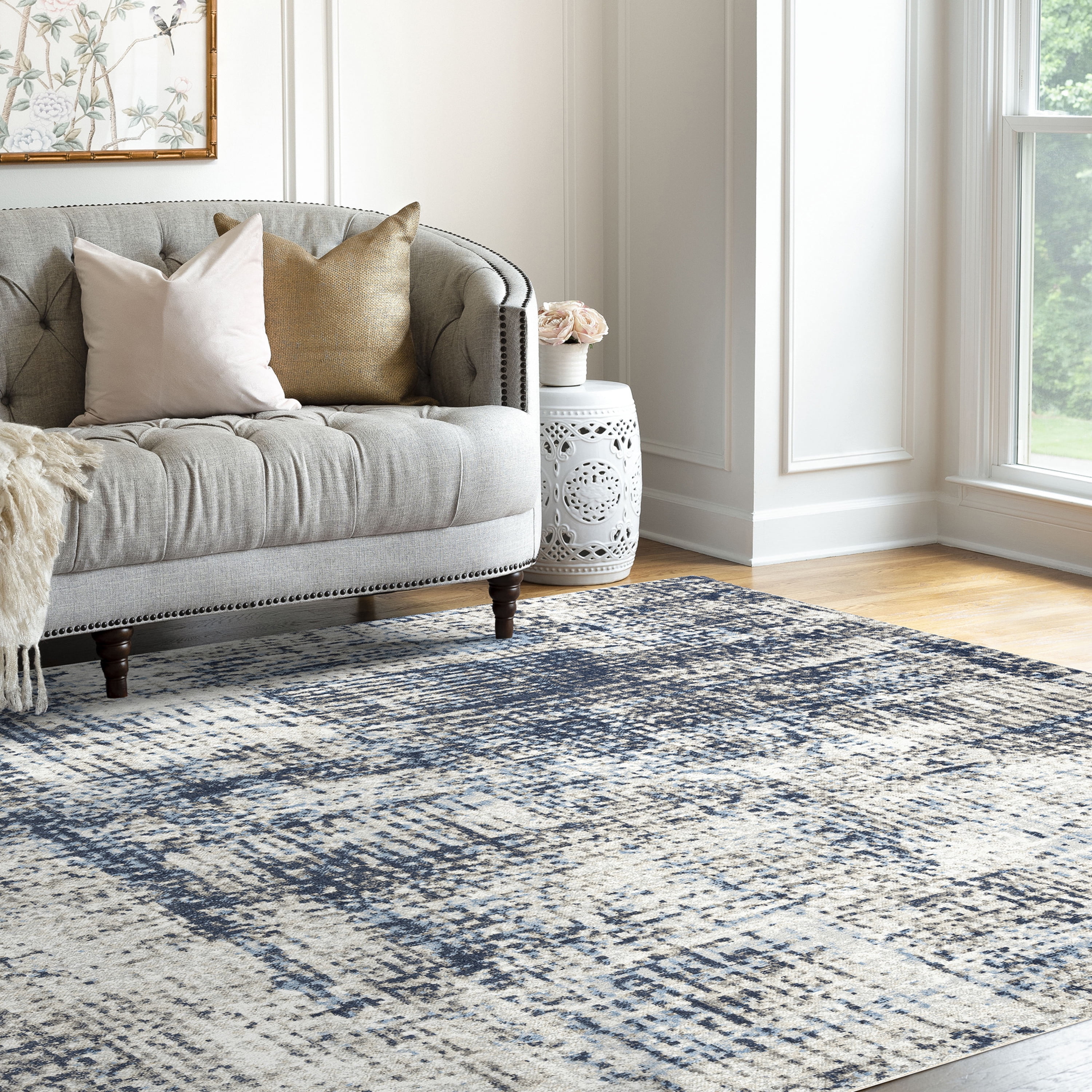 Contemporary 9x12 Area Rug (8'9'' x 11'3'') Abstract Navy, Navy Living Room Easy to Clean