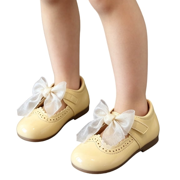 Viluyesy Girls Dress Shoes Closed Toe Bow Hook Loop Soft Sole Princess Party Shoes for Kids Yellow Size 4 Toddler