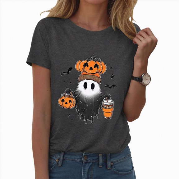 TOWED22 Halloween Shirts for Women Cute Ghost Shirt Fall Pumpkin Tshirt Crew Neck Graphic Tees Casual Short Sleeve Tops(Grey,XL)