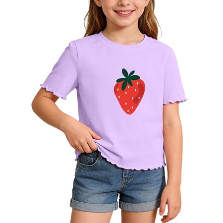 Gunia Girls Tshirts Print Casual Top With Lace Trim Short Sleeves Playful Everyday Style Lovely Shirts For Girls 5-14 Years