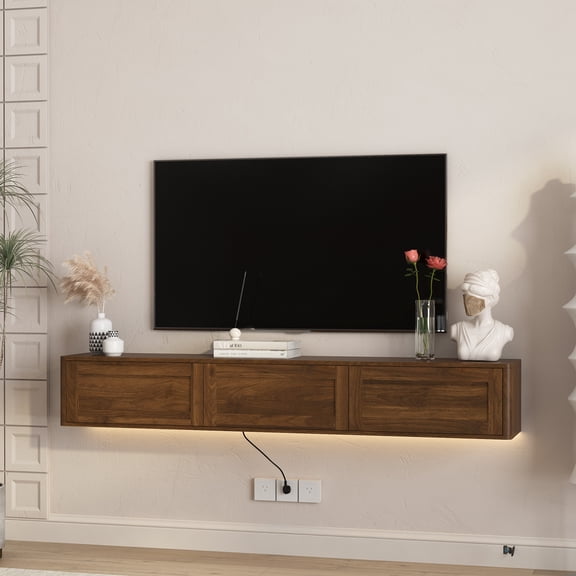LHKJ Floating TV Stand, LED Lights, Power Outlet, Wood
