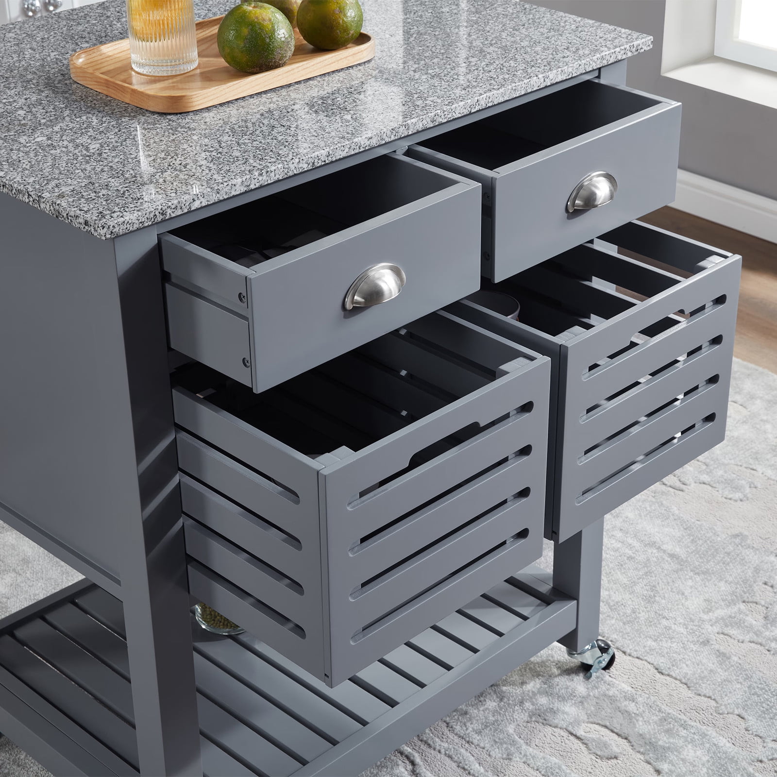 WEGFTDUOP Kitchen Island Cart with Storage, Mobile Rolling Kitchen Island on Wheels, Trolley Serving Cart with Underneath Drawer & Slide-Out Wire Storage Basket for Kitchen, Dinning Room