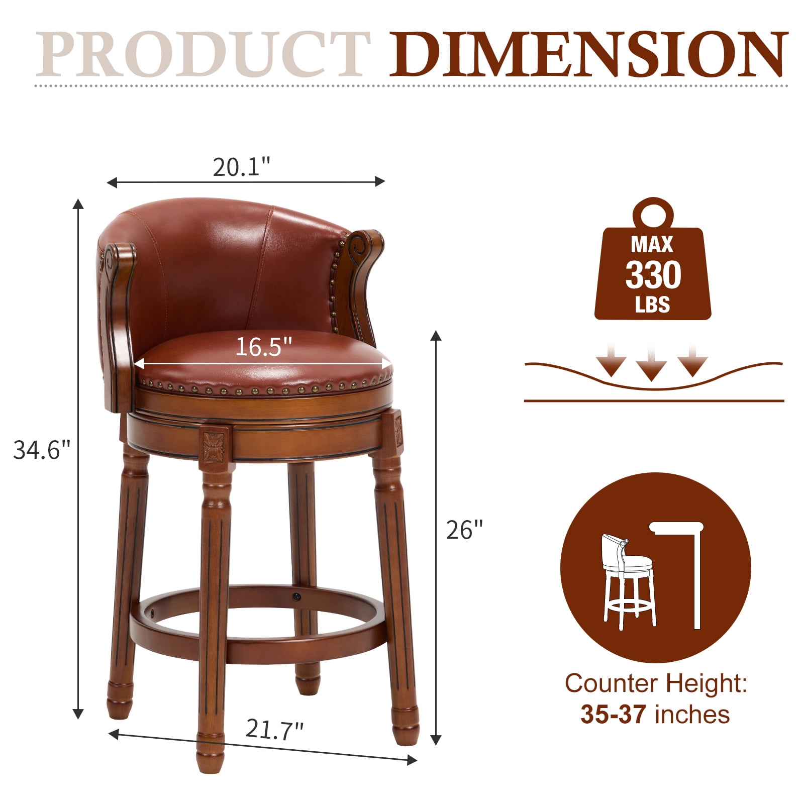 Aulife set of 2 Bar Stools Genuine Leather Counter Height barstool Wooden Swivel kitchen Stool with Footrest for Kitchen Dining Room Brown
