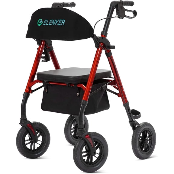 ELENKER All-Terrain Rollator Walker, 10” Wheels Mobility Walker for Seniors, Red
