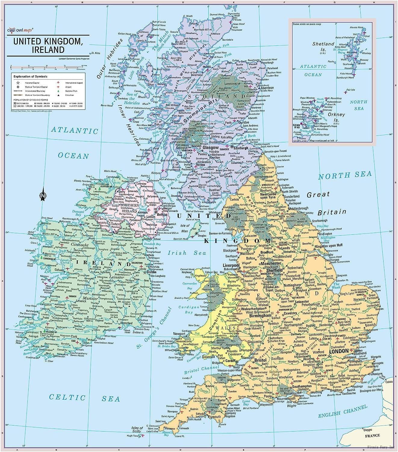 United Kingdom & Ireland Wall Map Poster Rolled 24"X27" (Laminated