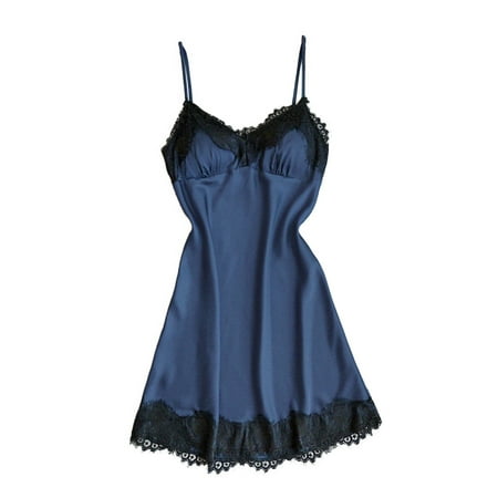 

YMH Sexy Women Silky Lace Patchwork V Neck Spaghetti Strap Nightdress Sleepwear