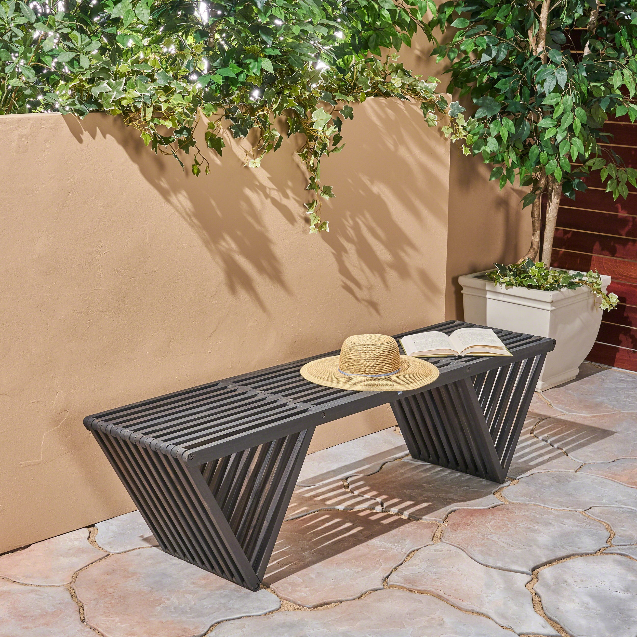 Outdoor Leisure Rest Bench, Solid Acacia Wood Outdoor Seat for Patio Garden, Dark Gray