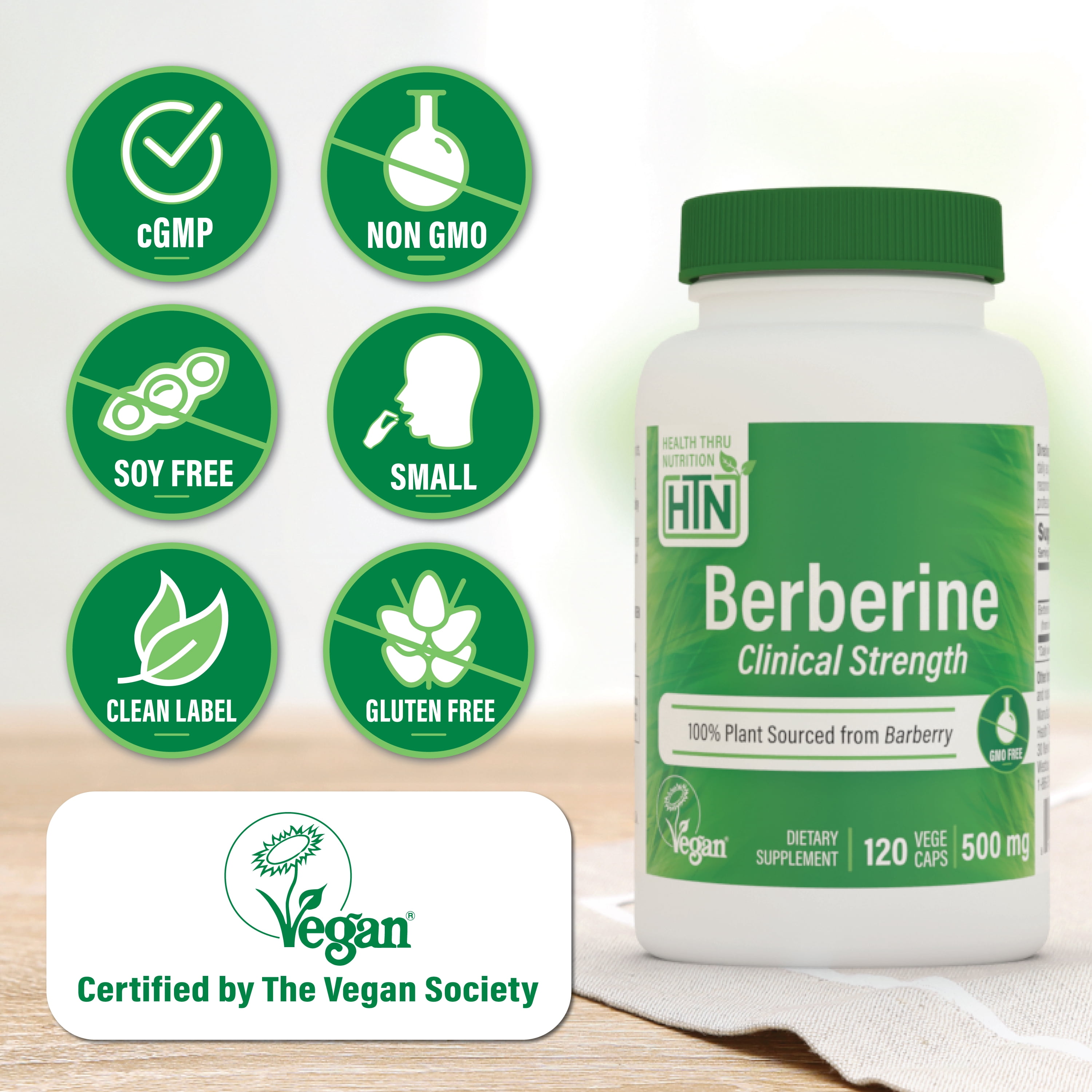 Berberine HCl 500mg  Vegan Certified | Clinical Strength - 120 Vegecaps | Blood Sugar Support | 3rd Party Tested | All Plant Extract | Non-GMO, Gluten Free, Soy Free | by Health Thru Nutrition