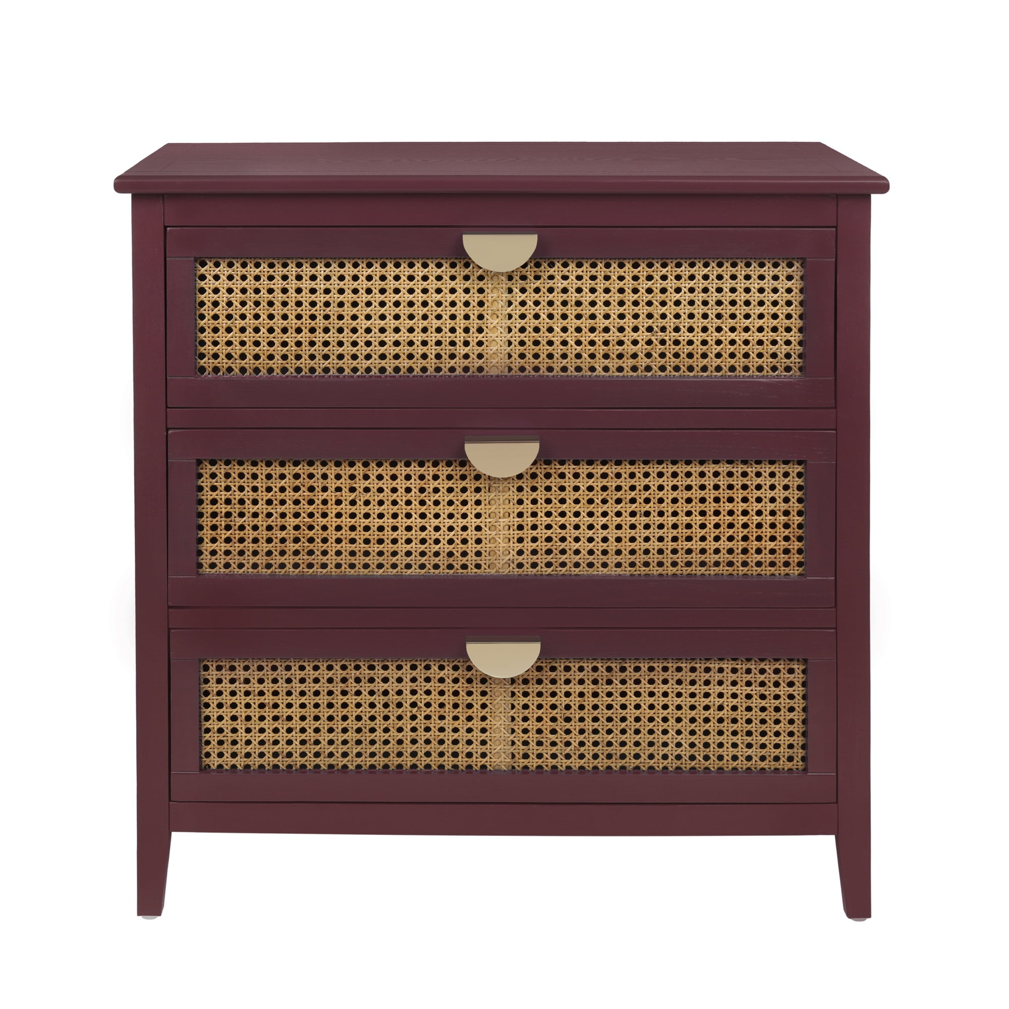 Resenkos Rustic Wood Dresser for Bedroom with 3 Rattan Drawers, Metal Handle Storage Nightstand, Red Finish Resenkos Rustic Wood Dresser for Bedroom with 3 Rattan Drawers, Metal Handle Storage Nightstand, Red Finish