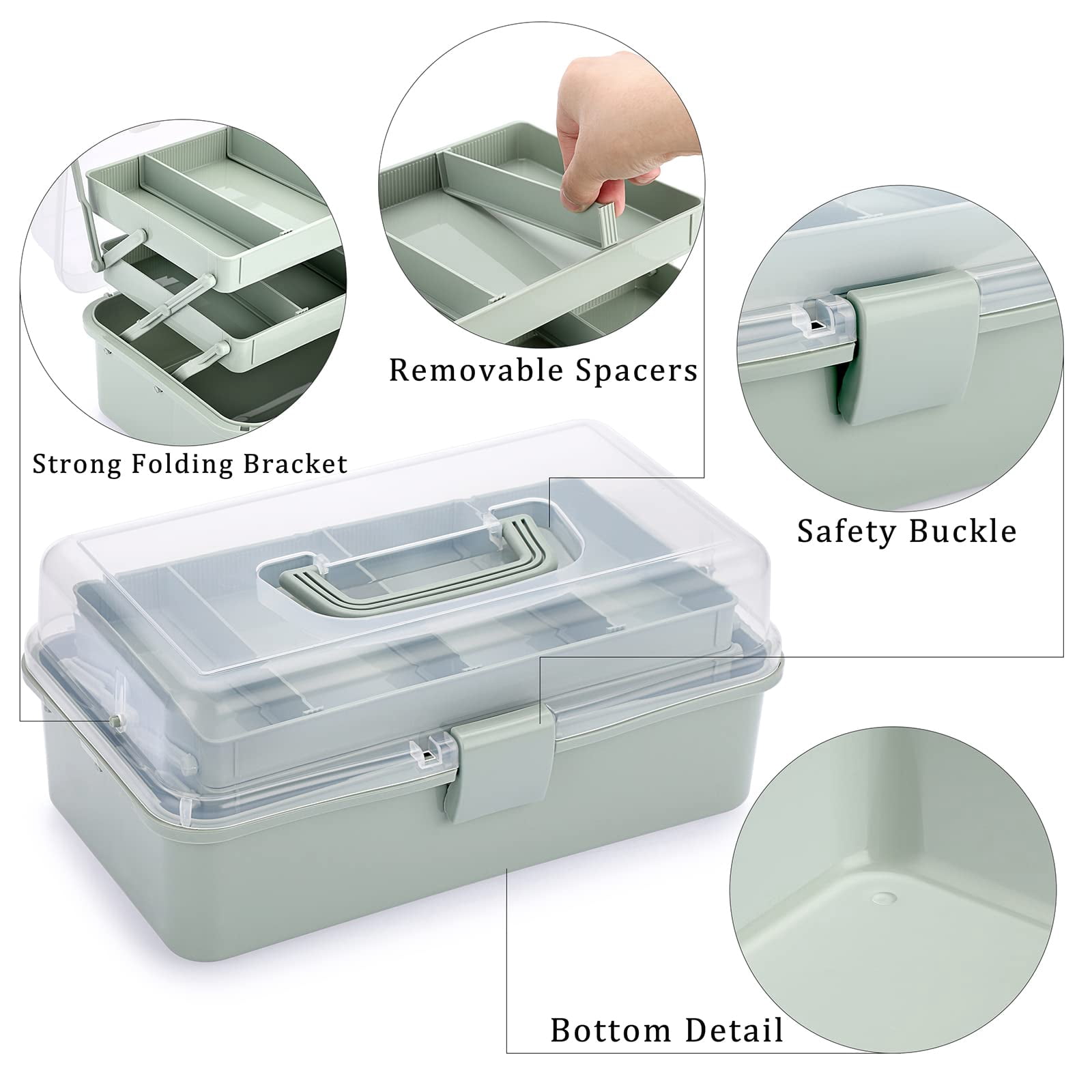3-Layer Plastic Dividing Storage Box Craft Organizer and Storage with Adjustable Spacers Portable Handled Art Supply Organizer Multipurpose Home Utility Box for Medicine Sewing(Haze Green)