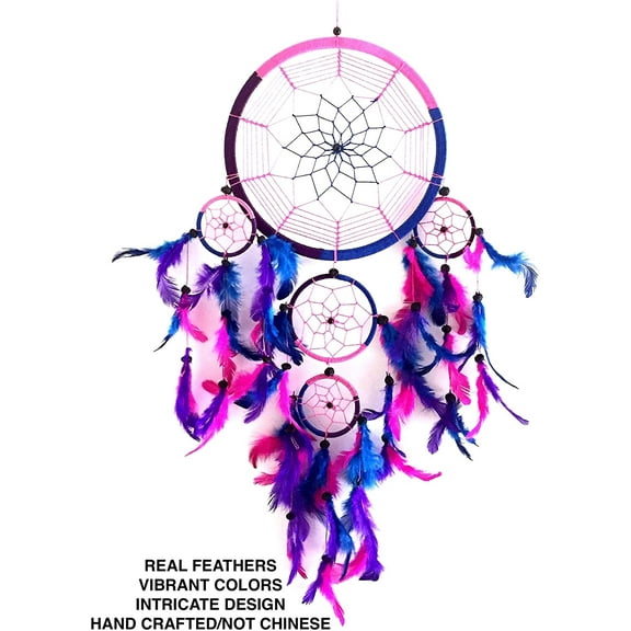 OMA Dream Catcher Traditional Tie Dye Colors Pink, Blue & Purple Feathers - 8.5" Diameter & 30" Long - (Tie Dye - Purple - Large)