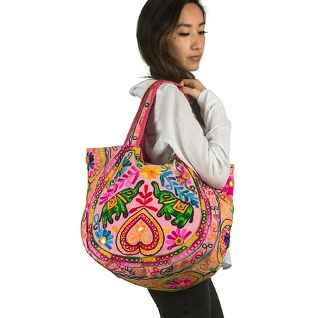 TribeAzure Pink Elephant Canvas Shoulder Bag Handbag Tote Purse Casual Spacious Summer Spring Top Handle