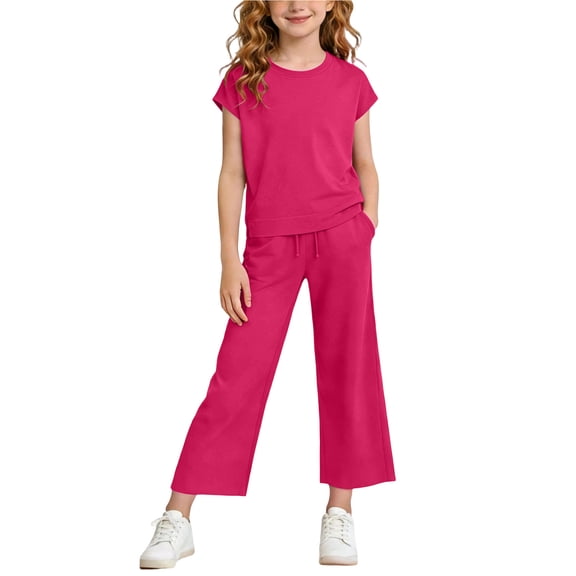 Maqroz Girls 2 Piece Outfits Short Sleeve Crew Neck Shirts and Wide Leg Pants Sets Summer Lounge Tracksuits for Kids 4-14 Years
