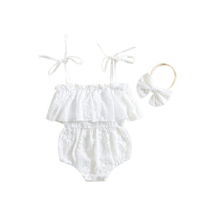 

Arvbitana 0-24 Months Newborn Baby Girl Lace Flower Romper Sleeveless Off Shoulder Ruffle Playsuit Layered Princess Jumpsuit with Headband 2Pcs