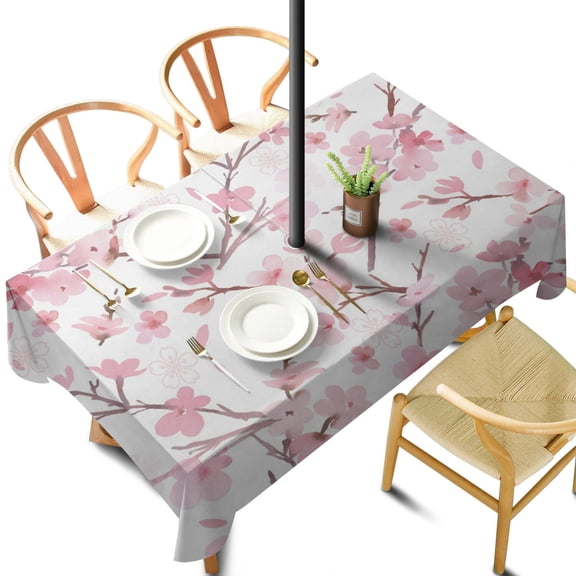 Outdoor Waterproof Tablecloth with Umbrella Hole and Zipper, Watercolor Plant Rectangle Reusable Durable Decor Table Cover for Party Picnic Patio 60×102 Inch