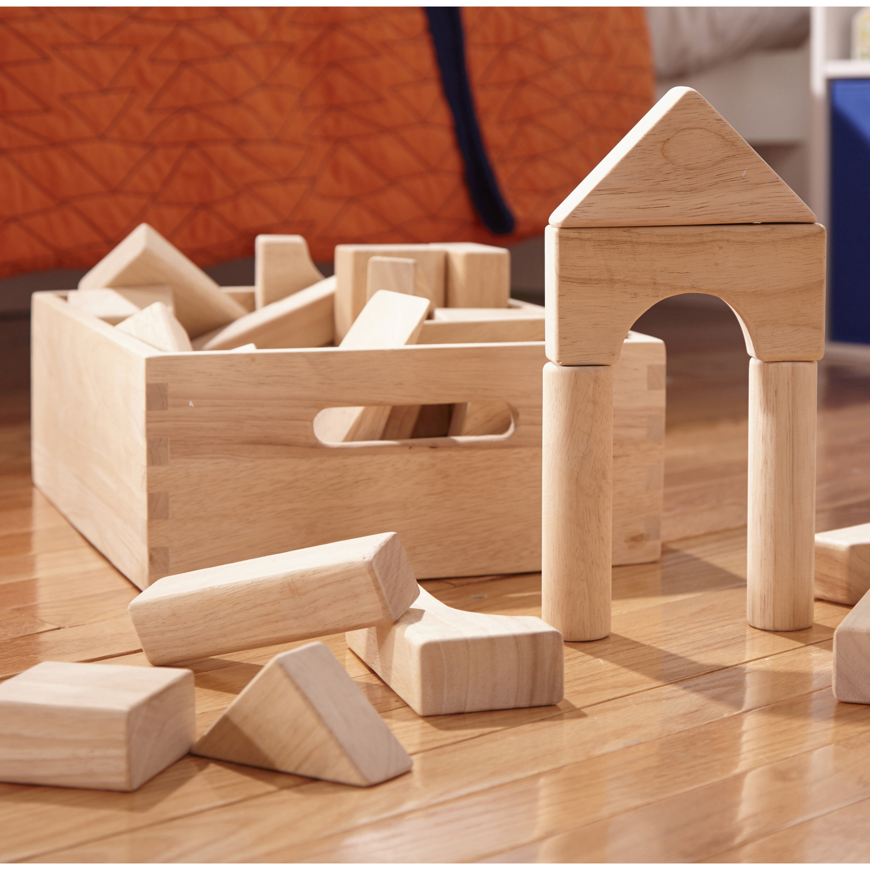 100-piece Natural Wood Building Blocks Set with Canvas Carry Bag 