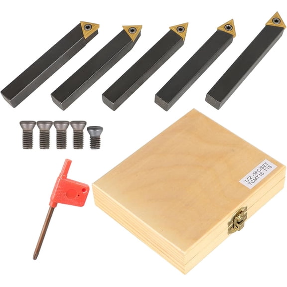 ALL-CARB 5Pcs 1/2 Inch Indexable Carbide Lathe Turning Tool Holder Metal Lathe Tools Inserts Bits with TCMT16T304 Carbide Inserts