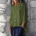 thumbnail image 2 of Ecqkame Women's Casual Cotton Linen Shirt Crew Neck Long Sleeve Button Down Tops Solid Color Curved Hem Loose Blouse 02-Army Green S, 2 of 9