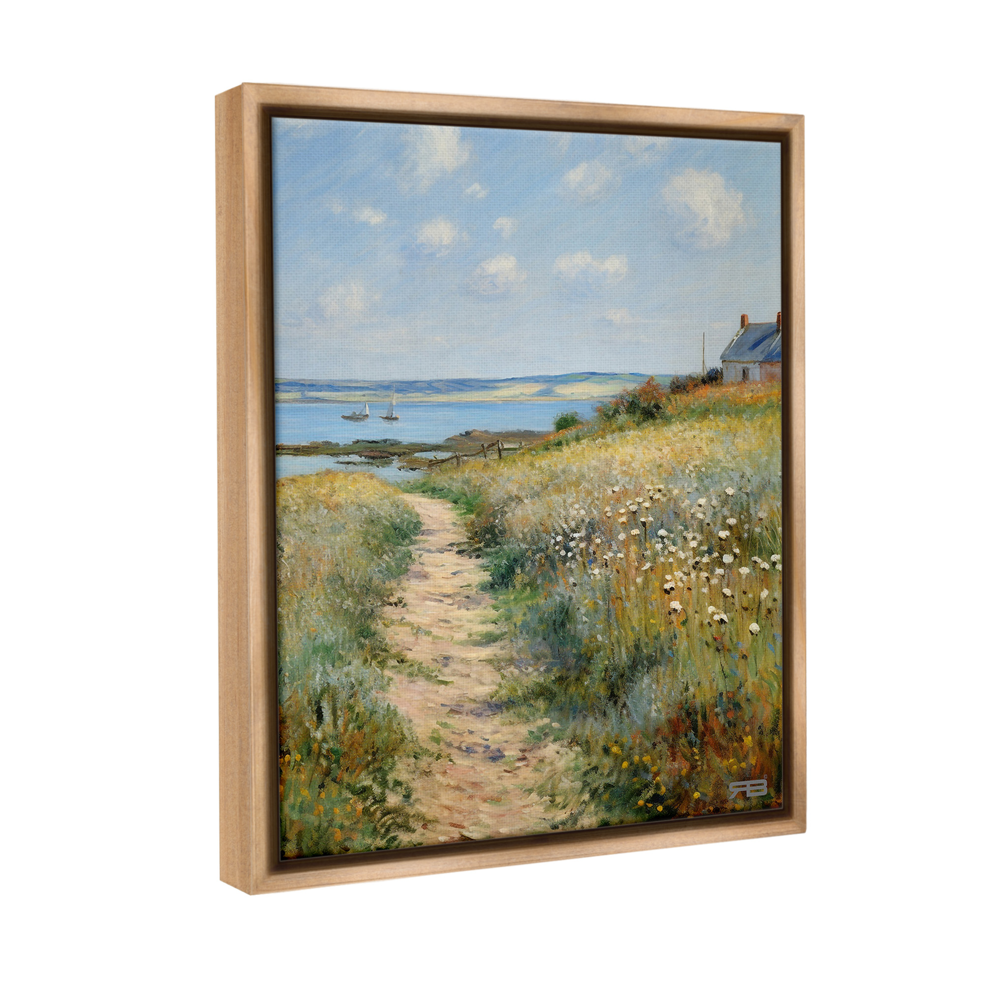 Stupell Industries Coastal Meadow Path Landscape Painting Brown Floater Framed Canvas Art Print Wall Art, 25 x 31