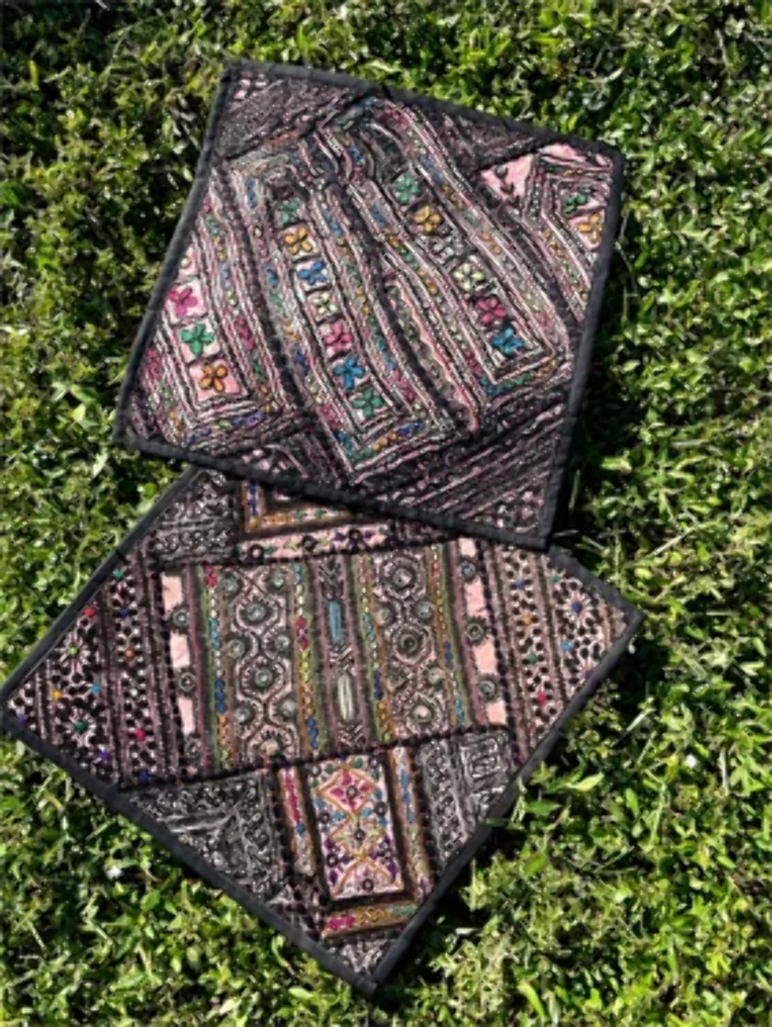 2 Vintage Toss Pillow Shams Tribal Gray Black Peach Kutch