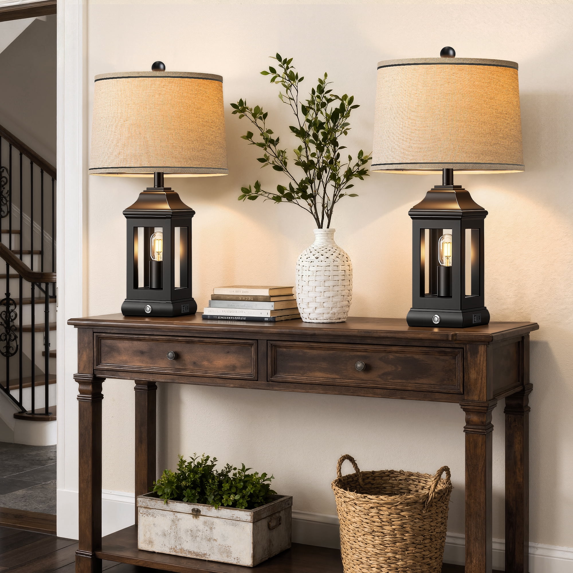 24" Rustic Farmhouse Table Lamps for Living Room Set of 2, Touch Dimmable Nightlight Vintage Bedside Lamps with USB A+C Ports & Dual Light Sources for Bedroom Nightstand End Table, Matte Black