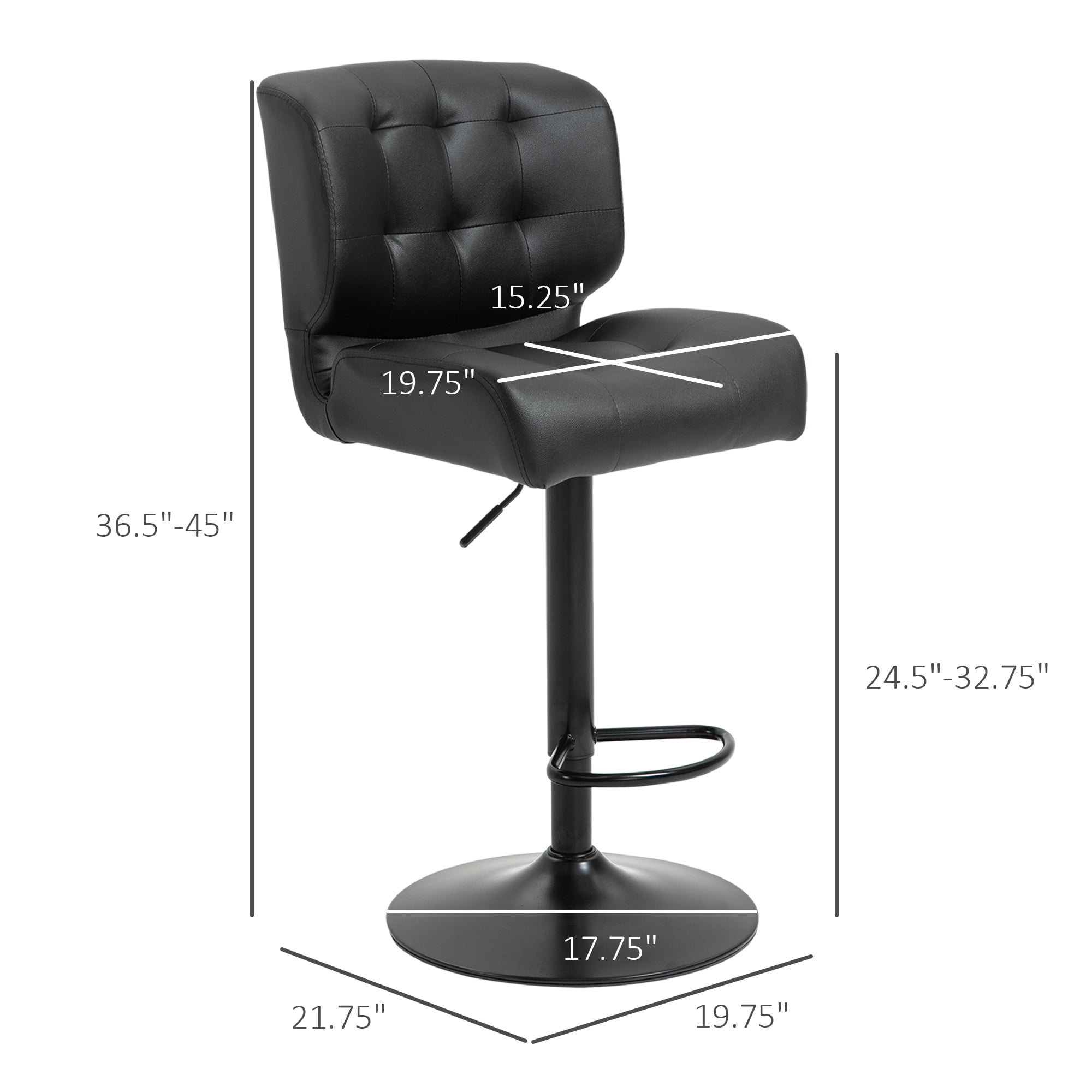 HOMCOM Bar Height Bar Stools Set of 2 with Adjustable Seat, Thick Padded Cushion and Metal Footrest for Home Bar, Black