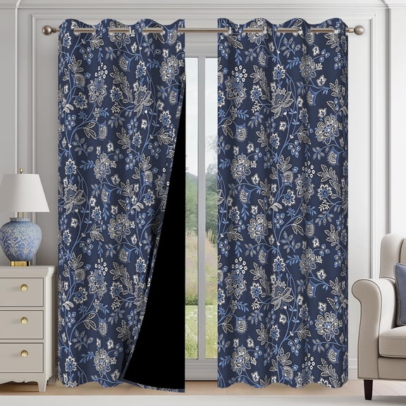 Navy Blue Floral Blackout Curtain Set of 2 Panels,Flowers Print Long Grommet Window Curtains Drapes for Living Room,42x84 inch Thermal Insulated