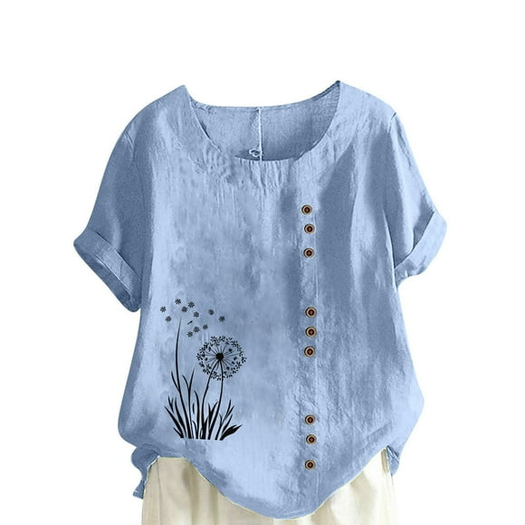 LMKIHUSA Linen Short Sleeve Shirts for Women Bohemian Floral Print Soft Blouses Crew Neck Button Up Tops Casual Fashion Summer 2025 Tees Light Blue,M