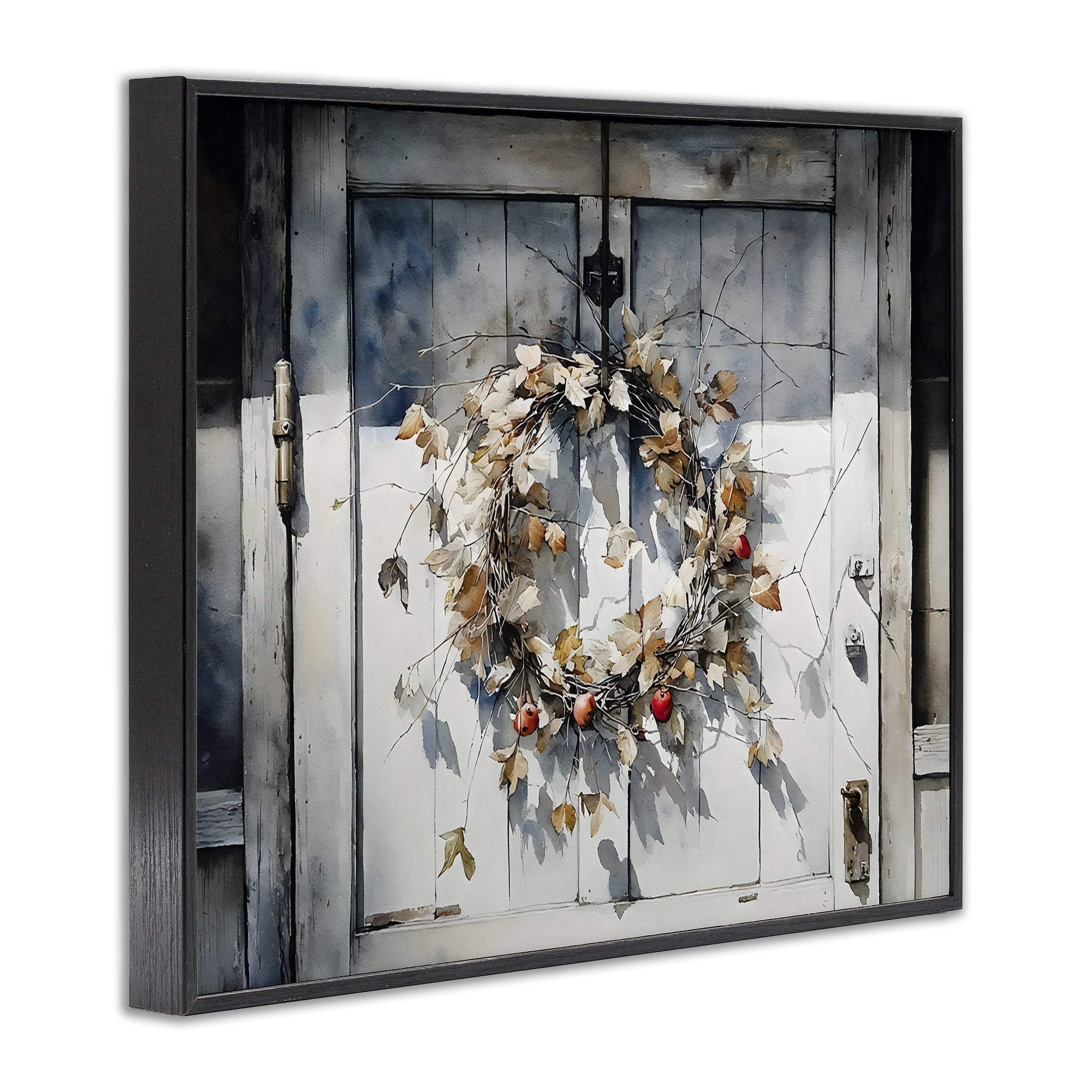 Stupell Industries Rustic Wreath on White Door Black Framed Giclee Art, design by Franklyn Gregory