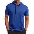 thumbnail image 1 of Blusa de Manga Corta Color Sólido con Capucha Cordón, Deportes de Bolsillo de los Hombres Poliéster Casual Superior, 1 of 5