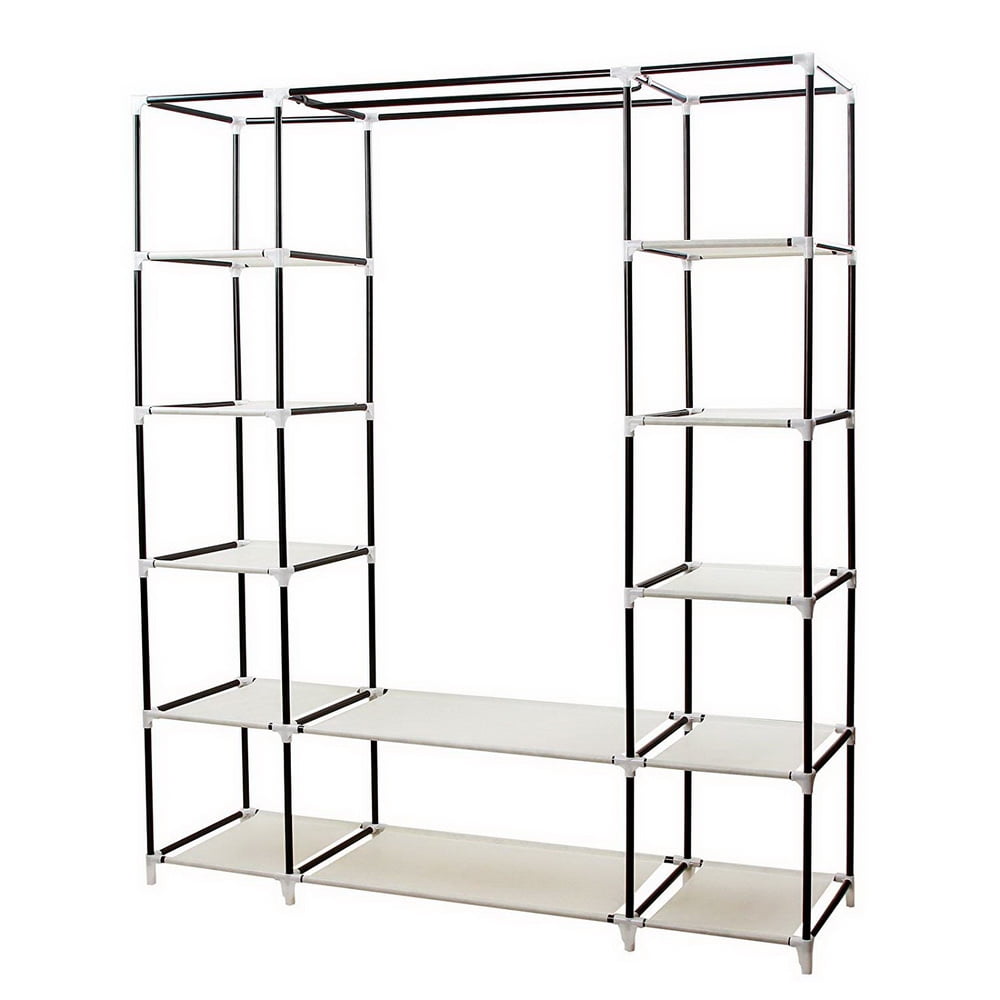 69 Inch Beige Portable Clothes Closet, Non-Woven Fabric Steel Tube PP Plastic Storage Wardrobe with 12 Shelves & Hanging Rod, Space Saving for Small Room Walk-in Closet