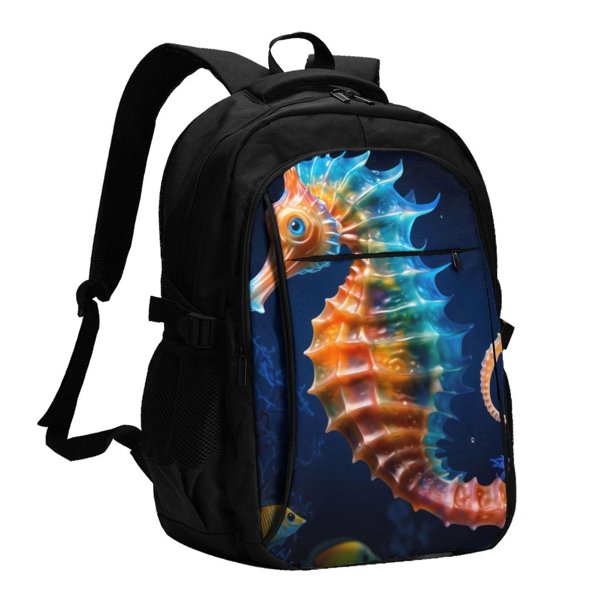 Balery Yellow Fish Seahorse Mochila con carga USB para hombre y mujer - Mochila impermeable y antirrobo para portátil con puerto USB para viajes, trabajo, estudios y universidad