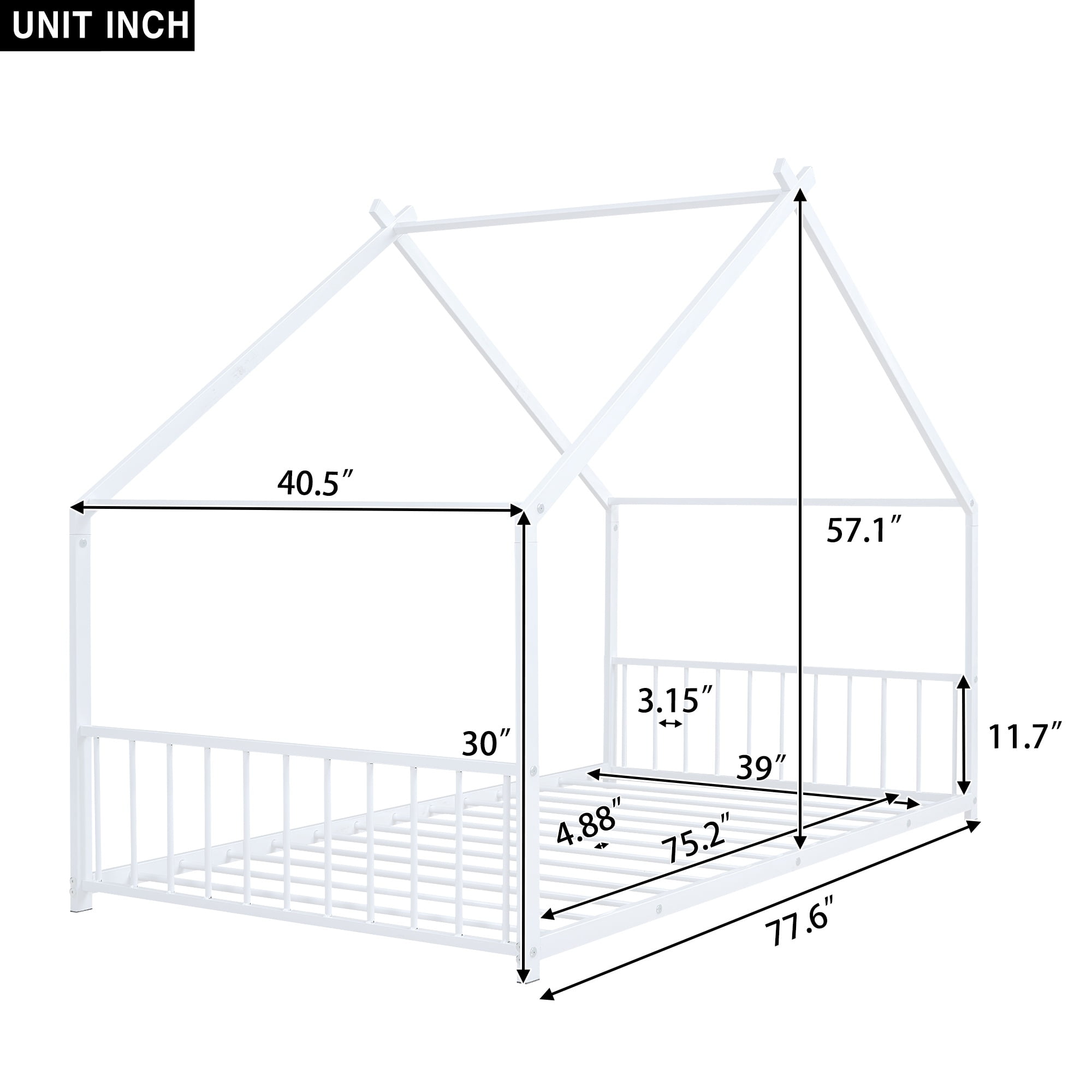 PORKISS Twin Size Floor Bed Frame, Metal House Bed Featuring Roof, Modern Platform Bed with Metal Frame, No Box Spring Needed, Freestanding Montessori Bed for Kids, White