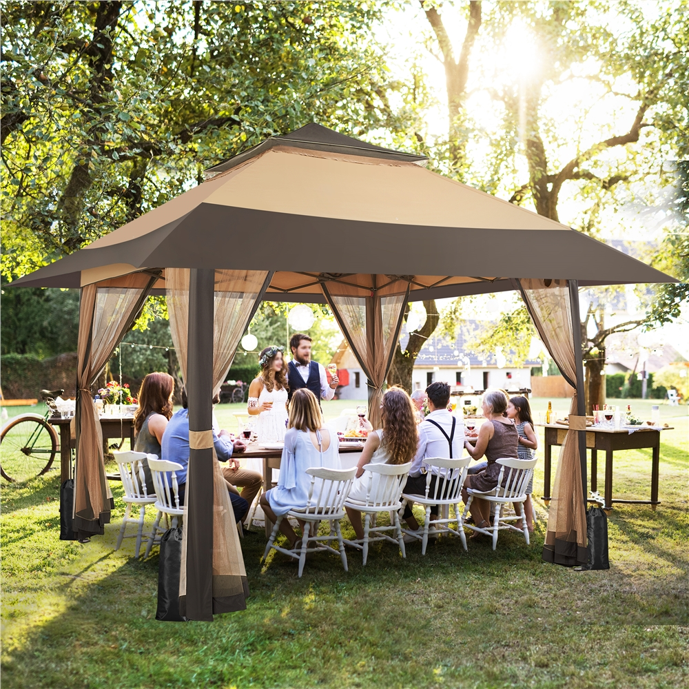 Renwick 13×13 Ft Pop Up Gazebo Tent with Four Mesh Sidewalls, Khaki/Brown