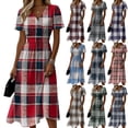 thumbnail image 4 of Minjewel Women's Plaid Mini Dress with V-Neck Short Sleeve - Gingham Summer Dress, Loose Flowy Beach Party Outfit, Preppy Comfy Vacation Top,Blue,M, 4 of 6