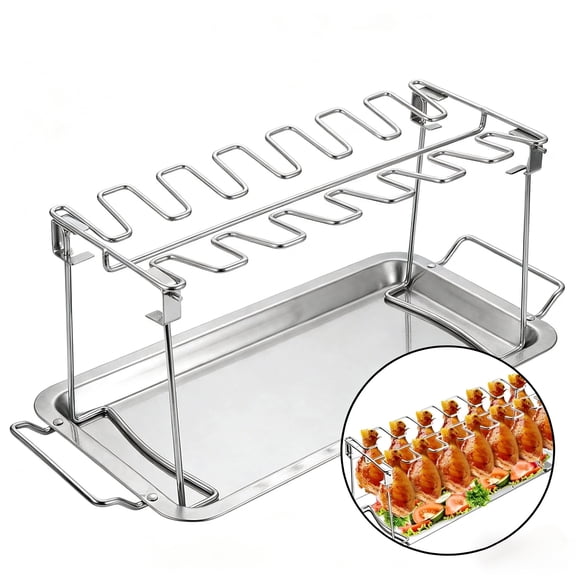 Stainless Steel Cooking Roasting Rack with Drip Pan - 14-Slot Holder for Chicken Legs & Wings, for Smoker, Grill, Oven & BBQ