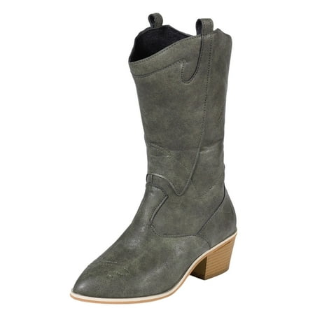 

GWAABD Mid Calf Heel Boots for Women Shoes Solid Women SlipOn Retro Heels Embroidery toe Middle Booties Color Round High women s boots