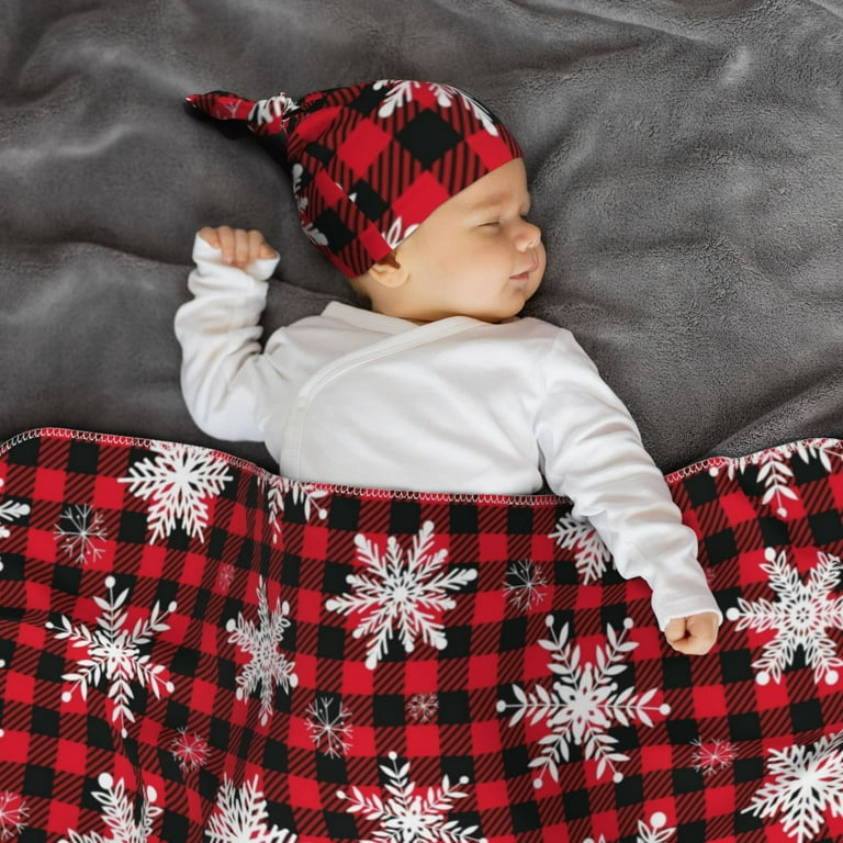 Rocae Snowflakes On A Buffalo Plaid Christmas for Newborn Swaddle Set with Matching Beanie Hat and Headband Bow Baby Blanket Set Soft and Cozy Baby