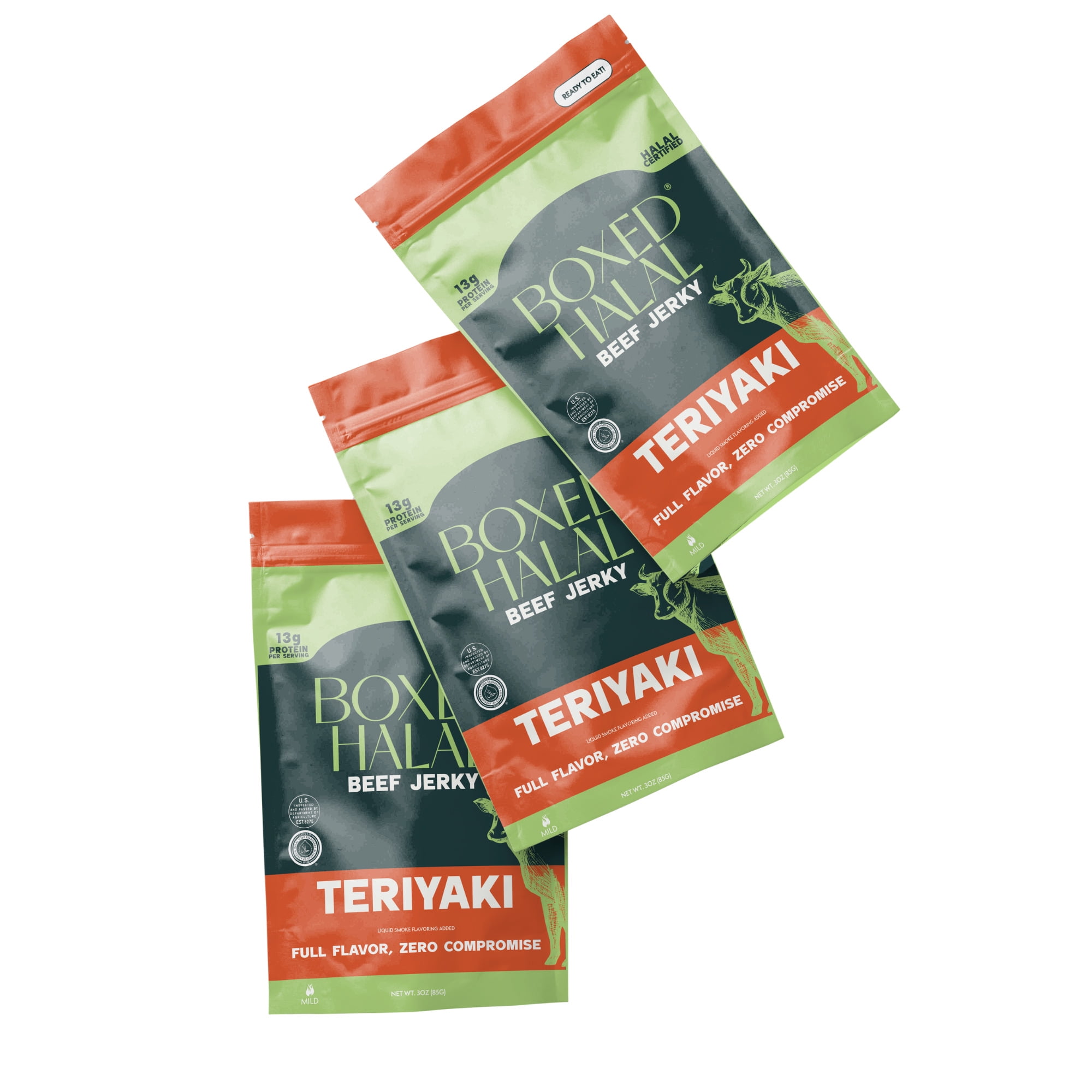 BOXED HALAL Premium 100% Grass-Fed Teriyaki Beef Jerky Strips, 13g Protein, , HFSAA Certified Halal, Keto Friendly Snack, 3 Oz. Bags (3 Pack)