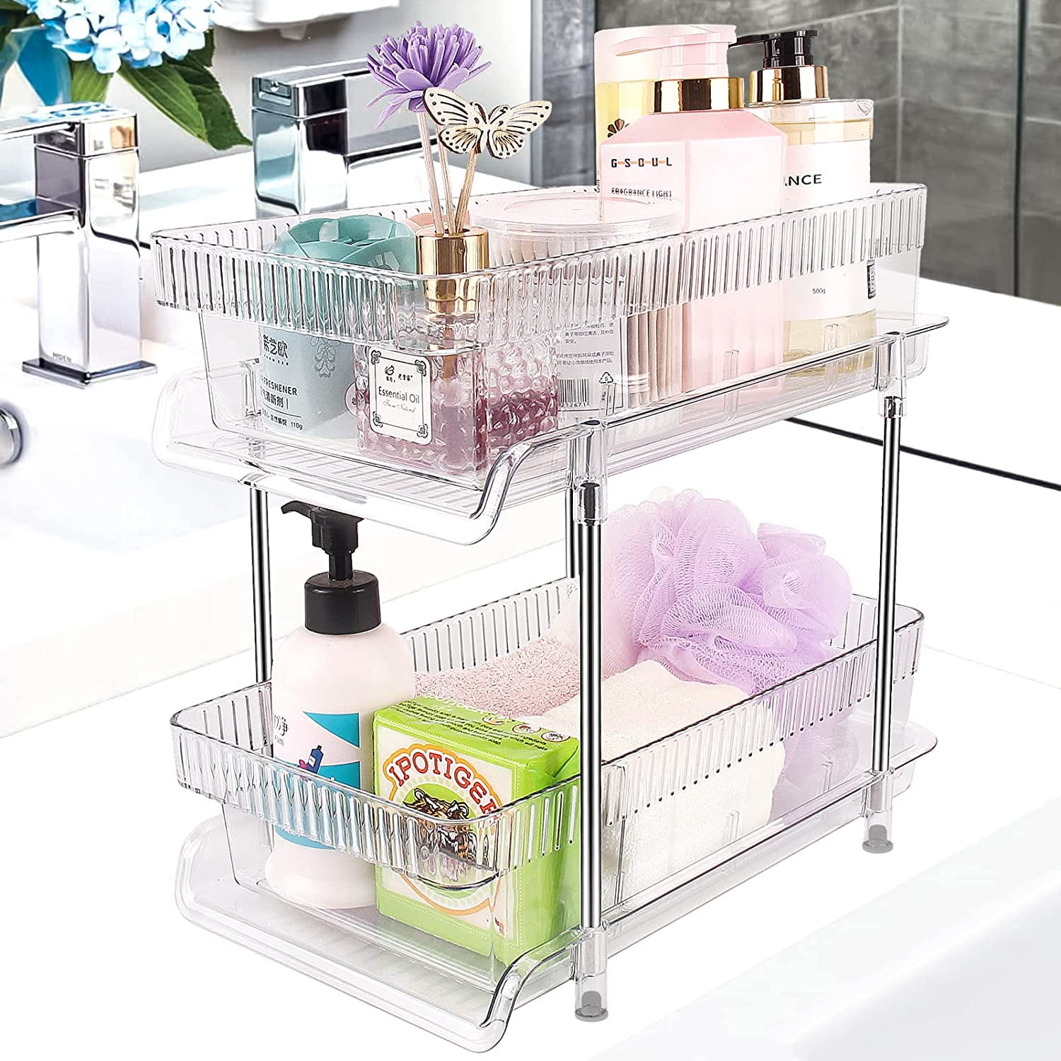 NIHEHAG 2 Tier Clear Under the Sink Organizer-Slide-Out Bathroom Cabinet  Organizer With Hook/Cup/Dividers Acrylic Under Bathroom Sink Organizer and