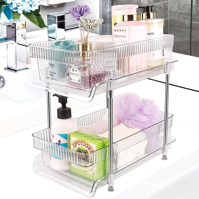 2 Tier Bathroom Storage Organizer with Dividers, Clear Under Sink  Organizers and Storage Pull Out Cabinet Organizer for Bathroom Kitchen  Pantry Storage, Medicine Cabinet Organizer 