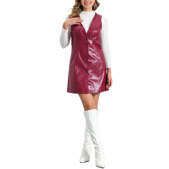 VESTIDO PINAFORE DE IMITACIÓN CUERO CON ESCOTE EN V Y BOTONES PARA MUJER M ROJO