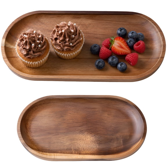 Acacia Wood Serving Trays Set of 2, Oval Wooden Platters for Fruit, Dessert & Cupcake, Charcuterie Board, Appetizer Tray, Home Decor