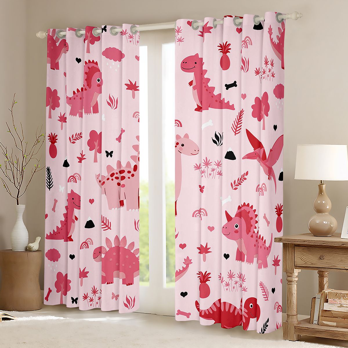Homewish Cute Pink Dinosaur Curtains Pack of 2 (42x84 Each) for Kids, Jungle Leaf Botanical Curtains Blackout, Kawaii Cartoon Animal Bedroom Curtains, Black Out Curtains Decor