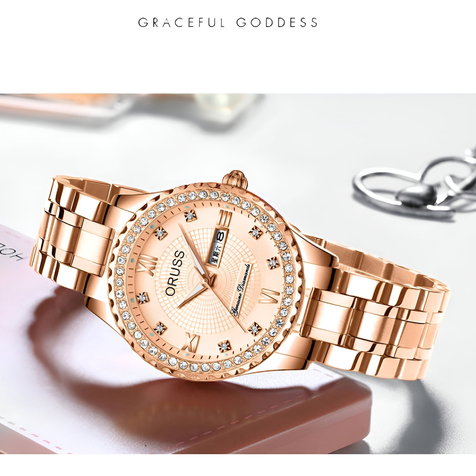 Women's Diamond Quartz Watch, Date Day Display, Luminous, Stainless Steel Band, Luxury Wristwatch