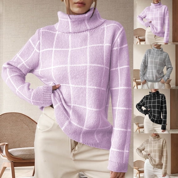 LOVZFMLL Women's Sweaters Turtleneck Ribbed Pullover Plaid Casual Fashion Relaxed Fit Long Sleeve Tops Warm Fall Winter Clothes