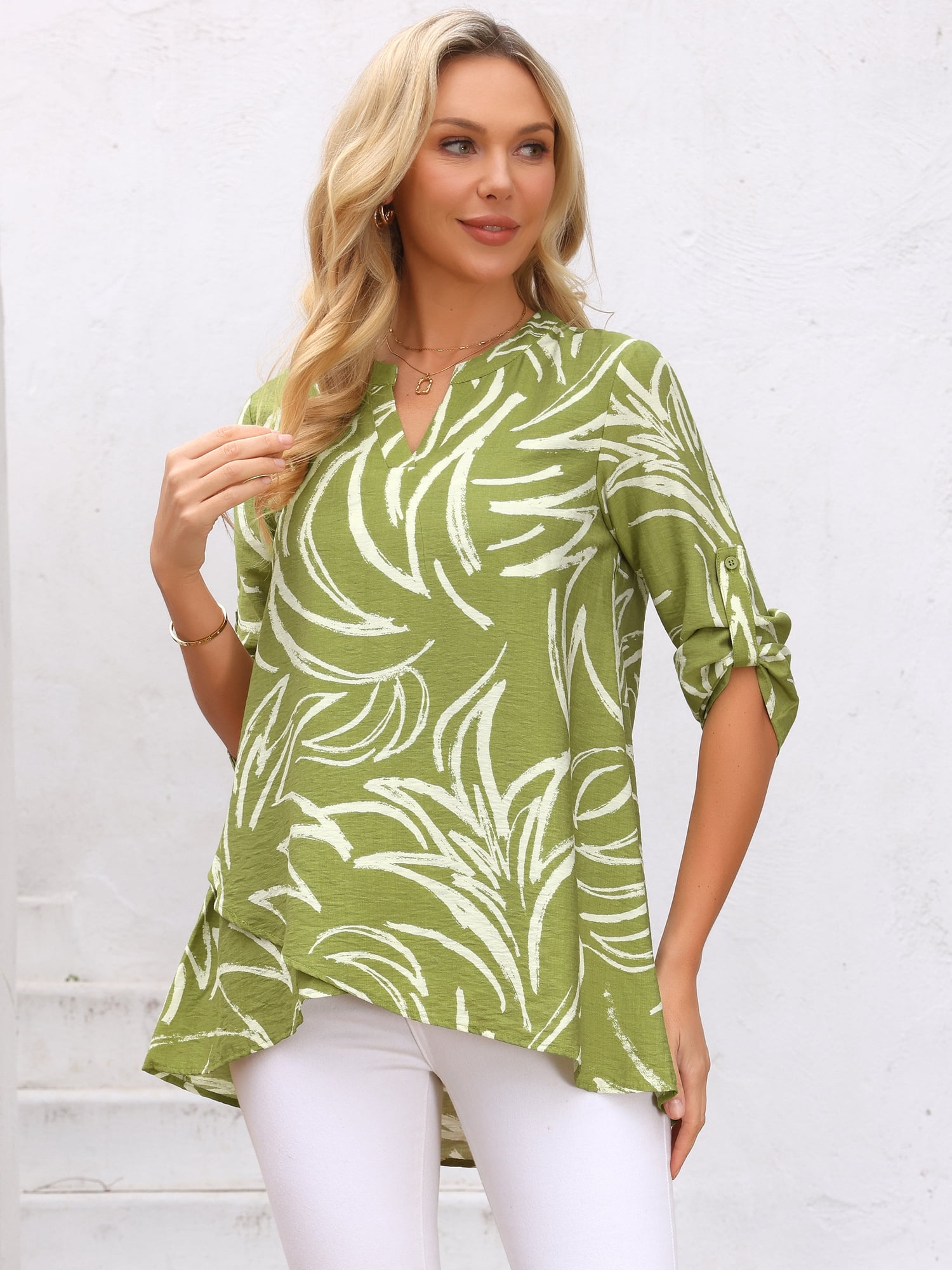DARING DIVA Women's High Low Floral Print V Neck Roll Up 3/4 Sleeve Tunic Blouse S Green