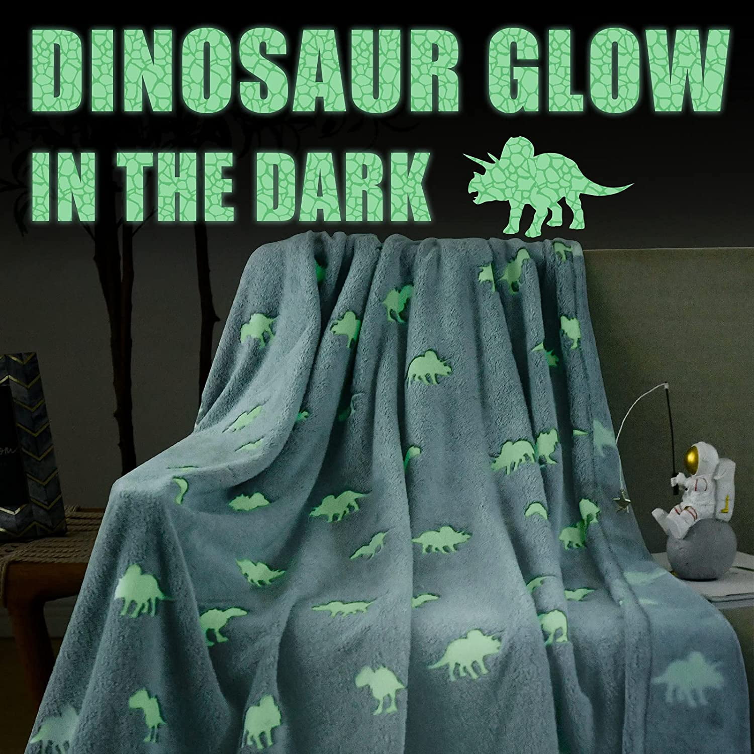JINCHAN Dinosaur Throw Blanket Glow in The Dark Blue Lightweight Flannel Fleece Throw Blankets for Nursery Couch Bed Decor Magical Blankets All Seasons Gift for Girls Boys Baby Kids 40x60 Inch