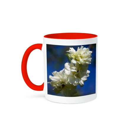 

3dRose Deutzia White Waterfall Blossom Against Blue Sky 11oz Two-Tone Red Mug