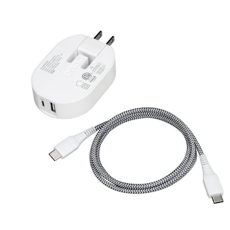 onn. 32W Dual-Port Wall Charging Kit with USB-C Charging Cable  20W USB-C Port Fast Charger with Power Delivery  12W USB Port Standard Charges.